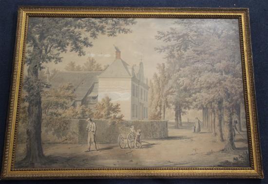 Robert Marris (1750-1827) Views of a Dutch house with figures in the garden 21 x 30in.